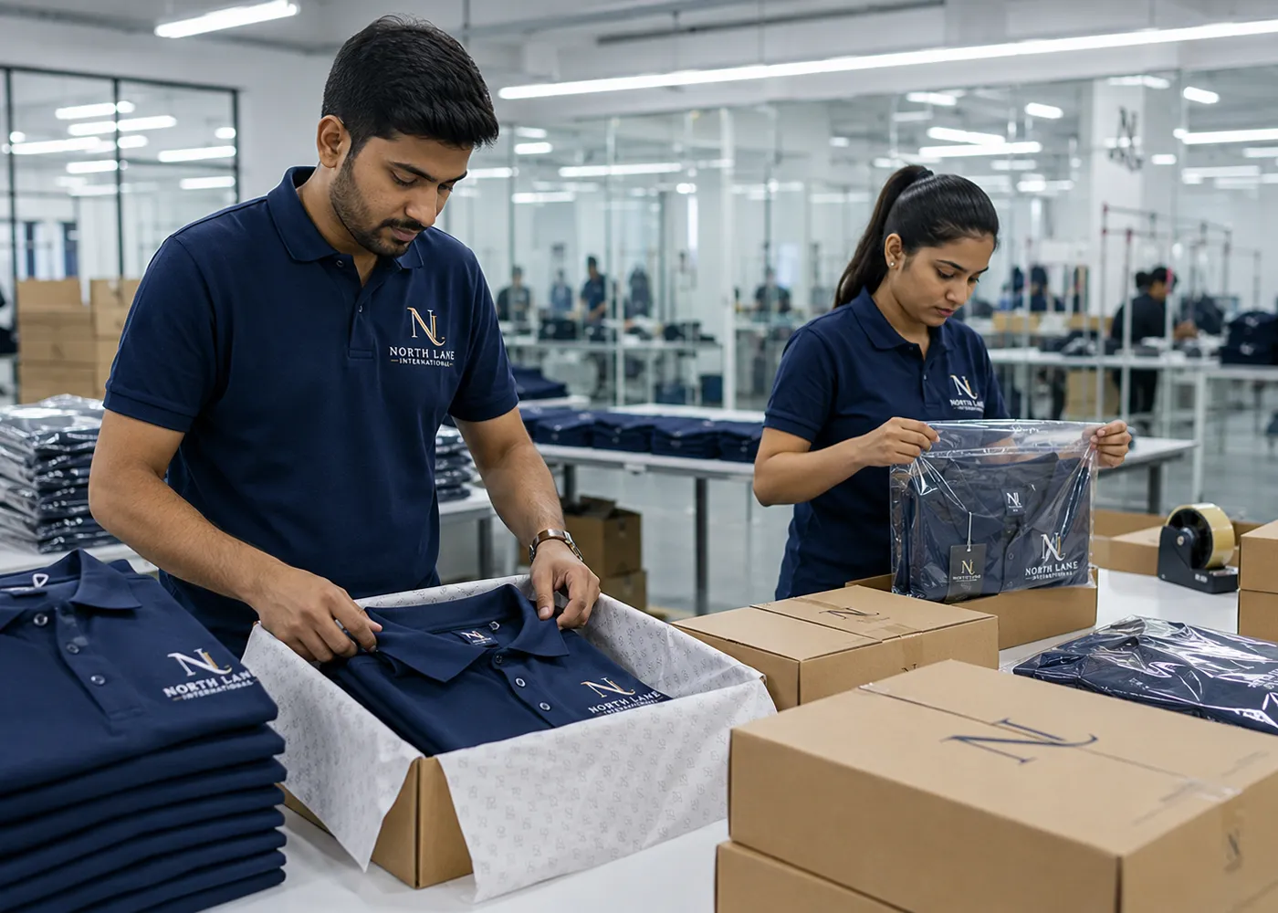 Export-ready apparel packaging and finishing