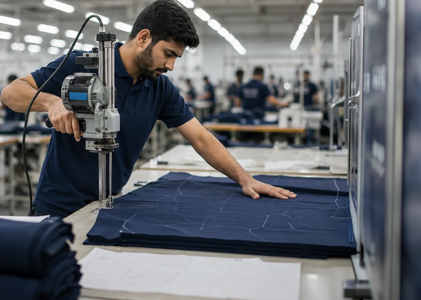 Apparel factory production floor with garment teams at work